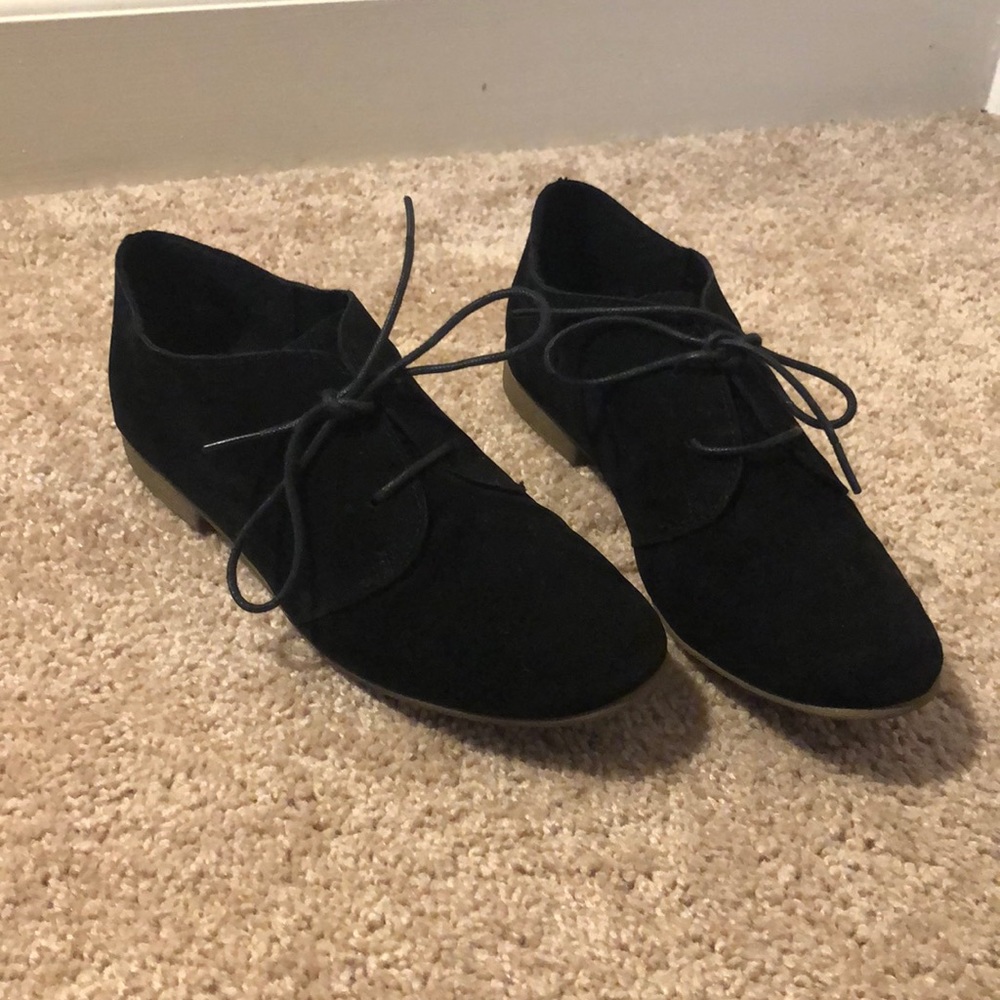 Black suede tie up flats